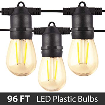 Amico 96FT LED Outdoor String Lights with LED Edison Vintage Plastic Bulbs and Weatherproof Strand - Decorative LED Café Patio Light, Bistro Lights
