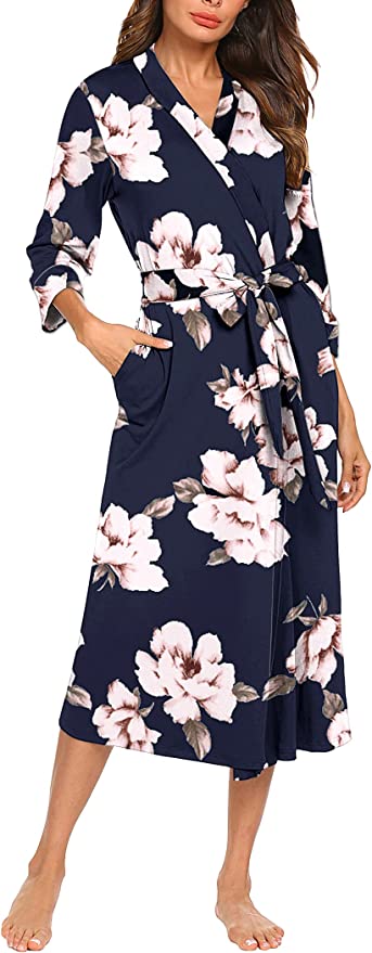 MAXMODA Women Long Robes Knit Bathrobe Soft Kimono Bathrobe Lounge Soft Robe(Black,S)