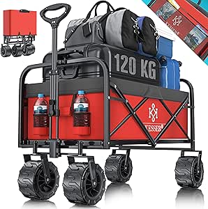 KESSER® Bollerwagen faltbar mit Breite Reifen Handwagen Transportkarre Gerätewagen, inkl. 2 Netztaschen & Seitentasche | klappbar | Vollgummi-Reifen | Transportwagen Gartenanhänger, Rot/Grau