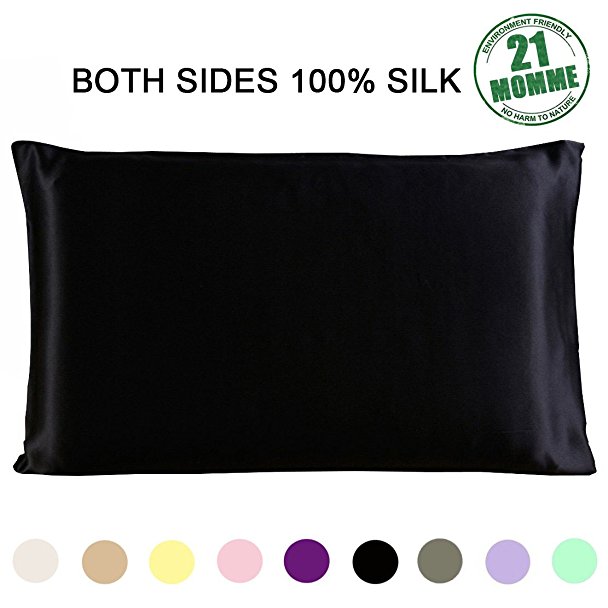 100% Pure Natural Mulberry Silk Pillowcase Queen Size, 21 Momme 600 Thread Count Hypoallergenic Both Sides for Hair Soft Breathable With Hidden Zipper (20×30 inches, Black)