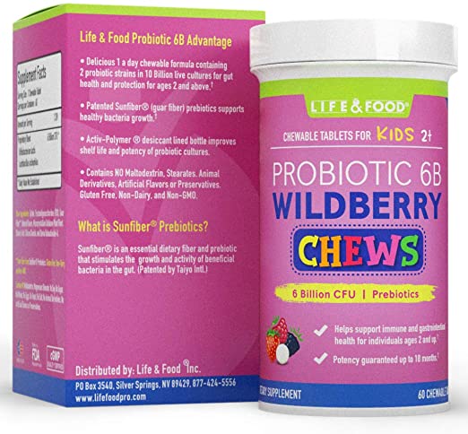 Probiotic Kids Chews 6 Billion CFU w/ Sunfibre and Moisture Protection Packaging (Wildberry Chews 60ct)