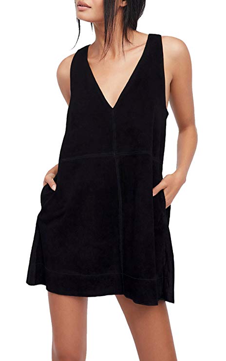 R.Vivimos Women's Fall Faux Suede Vintage V Neck Sleeveless Overall Dress with Pockets