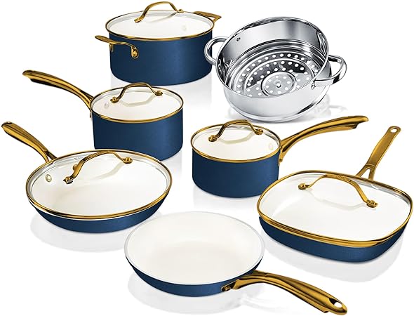 Gotham Steel 12 Pc Ceramic Pots and Pans Set Non Stick, Kitchen Cookware Sets, Pot and Pan Set, Ceramic Cookware Set, Non Toxic Cookware Set, Non Stick Pots and Pan Set, Dishwasher Safe - Cream Navy