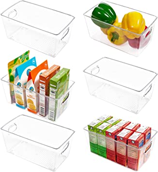 Vtopmart Clear Plastic Pantry Organizer Bins, 6 PCS Food Storage Bins with Handle for Refrigerator, Fridge, Cabinet, Kitchen, Countertops, Cupboard, Freezer Organization and Storage, BPA Free, Small