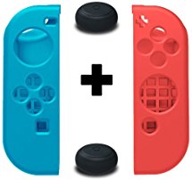 2 Thumb Stick Caps & 1 Pair TopACE Silicon Case Gamepad Protective Cover Skin for Nintendo Switch Joy-Cons Left & Right Controllers (1 Blue   1 Red)