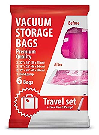 Mr.Stimer Vacuum Storage Bags for Traveling - 6 Reusable Packing Bags   Hand Pump - in Large, Medium, Small Suitcases, and Backpacks with Ziploc Compression Sacks for Carry-On Luggage