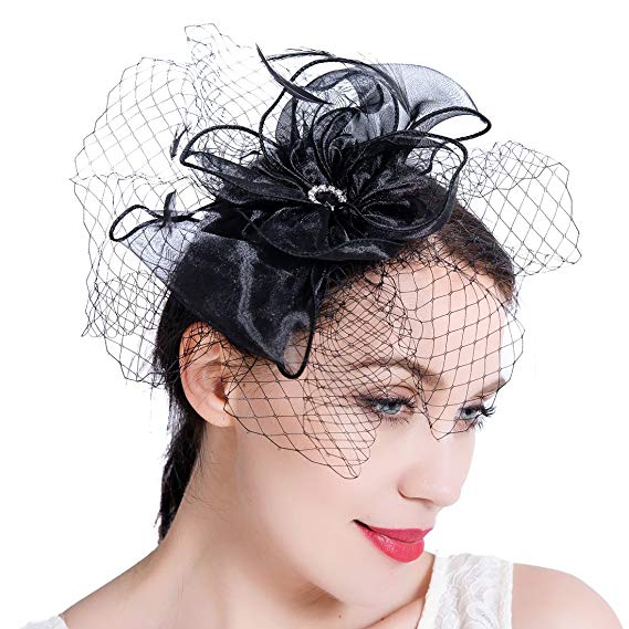 FAYBOX Big Flower Mesh Bow Feather Women Fascinator Dot Veil Hair Clip Wedding