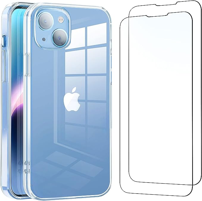 NEW'C Funda para iPhone 14 (6,1") Carcasa Silicona Transparente Alta y 2X Protector de Pantalla para iPhone 14 (6,1") Cristal Templado - Antiarañazos