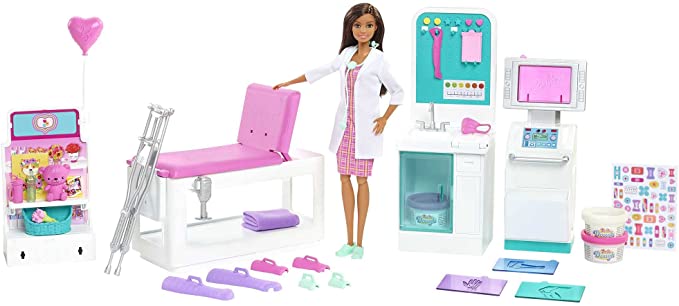 Barbie Fast Cast Clinic Playset, Brunette Doctor Doll (12-in), 30  Play Pieces, 4 Play Areas, Cast & Bandage Making, Medical & X-ray Stations, Exam Table, Gift Shop & More, Great Toy Gift