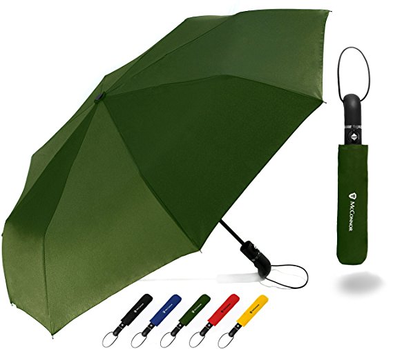 McConnor Automatic Travel Rain Umbrella - Auto Open Close Compact Folding - Windproof Strong and Sturdy Canopy - Heavy Duty Slim Lightweight - Fits in Luggage or Purse