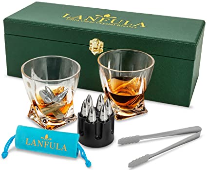 LANFULA Whiskey Glass Gift Set for Men - 2 Lead Free Crystal Glasses   6 XL Stainless Steel Whiskey Bullets   Base   Tongs   Velvet Pouch - In Luxury Leather Box - Dad Gift