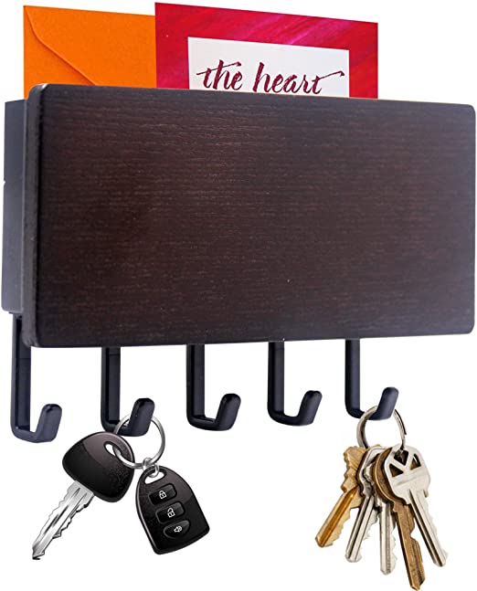 Hivory Mail & Key Holder for Wall Decorative ~ 5 Key Hooks ~ Wall Mounted Key Organizer & Racks ~ Easy Mount for Entryway, Bathroom, Living Room, Kitchen (Walnut Bronze)