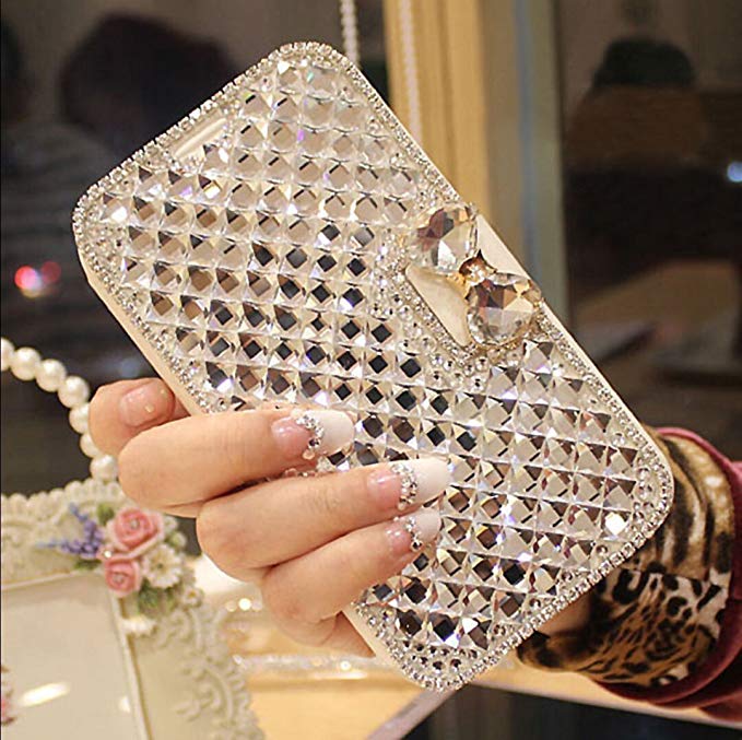 Galaxy S9 Plus Case,Galaxy S9 Plus Wallet Case,Luxury 3D Bling Crystal Rhinestone Flip Folio Wallet Case PU Leather Scratch Resistant Stand Card Slots Protective Case  Touch Pen Dust Plug,White