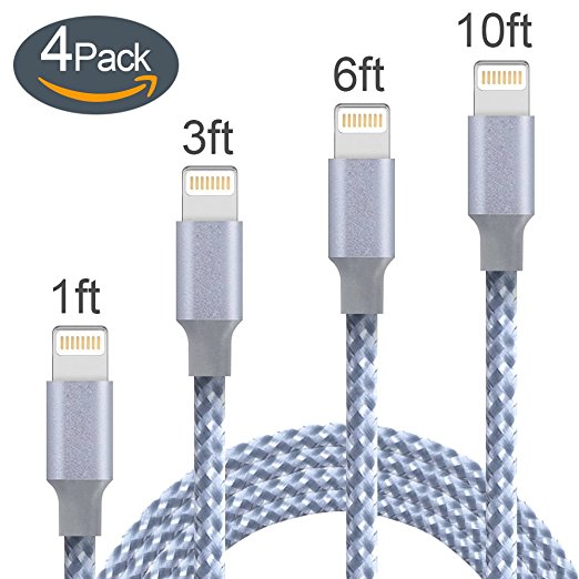 Lightning Cable,ONSON Charger Cables 4Pack 1FT 3FT 6FT 10FT to USB Syncing and Charging Cable Data Nylon Braided Cord Charger for iPhone 7/7 Plus/6/6 Plus/6s/6s Plus/5/5s/5c/SE and more-GrayWhite