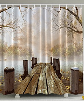 Shower Curtain Collection by Ambesonne, Ocean Decor Fall Wooden Bridge Seasons Lake House Nature Country Rustic Home Art Paintings Pictures for Bathroom Seascape Decorations, Brown Beige Khaki Yellow