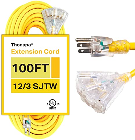 100 Foot Lighted Outdoor Extension Cord with 3 Electrical Power Outlets - 12/3 SJTW Heavy Duty Yellow Extension Cable with 3 Prong Grounded Plug for Safety