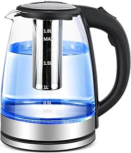 1.8L Fast Boiling Glass Electric Tea Kettle 1200W, 7 Colors LED Lights Illuminate BPA Free Borosilicate Glass