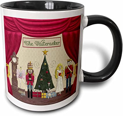 3dRose Nutcracker Prince, Sugar Plum Fairy, Mouse King, Snow Queen, Clock Two Tone Mug, 11 oz, Black,mug_223585_4