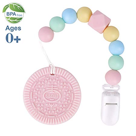 Baby Teething Toys, Teething Pain Relief, Silicone Teether with Pacifier Clip Natural BPA Free Cookie for Freezer - Easy to Hold, Soft, Best Newborn Shower Gifts for Trendy Boy or Girl (Pink)
