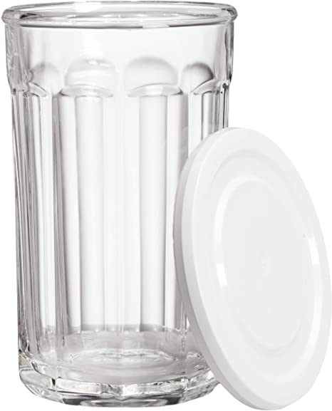 AmazonBasics Westridge 8-Piece (4 Glasses, 4 Lids) Heavy Duty Glass Drinkware and Storage Set with Lids, 21-Ounce