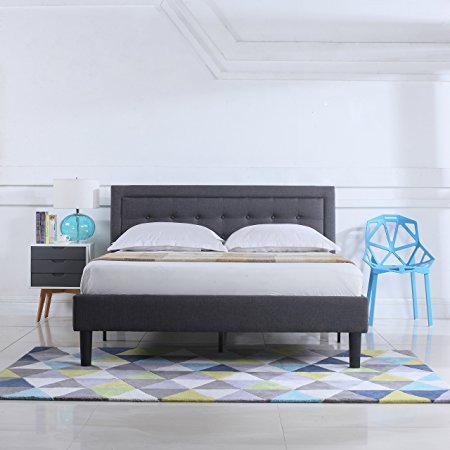 Classic Deluxe Linen Low Profile Platform Bed Frame with Nailhead Trim Headboard Design (Queen, Grey)