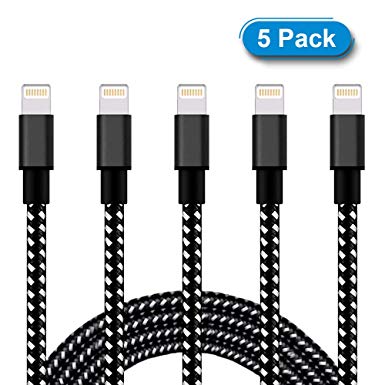 iPhone Fast Charger MFi Certified, Cable 5Pack 3FT,Nylon Braided Charger to Cable Data Syncing Cord Compatible with Phone X XS XsMax XR 8 8Plus 7 7Plus 6S 6Splus 6 6Plus 5S 5(Black White)