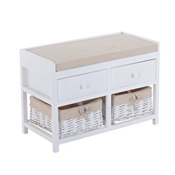 HomCom 2-Drawer 2-Basket Padded Cubby Bench - White/Beige