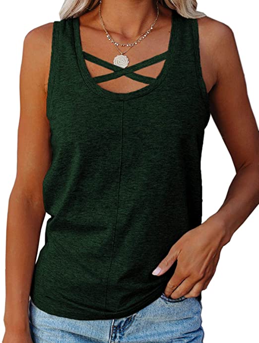 Ivay Womens Casual Cotton Tank Tops Scoop Neck Workout Summer Outfit Sleeveless Criss Cross Tunic T Shirt