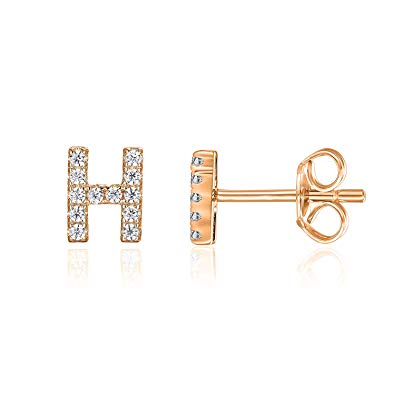 PAVOI 14K Rose Gold Plated Sterling Silver CZ Alphabet Letter Earrings | Initial Earrings for Girls