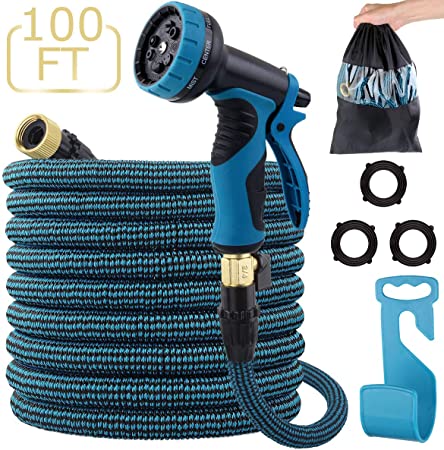 LANIAKEA Garden Hose, 100ft Expandable Water Hose with Double Latex Core, Solid Brass Fittings, Extra Strength Fabric, Flexible Expanding Hose with 9 Function Spray Nozzle