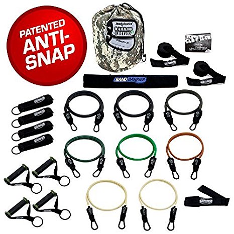 The Bodylastics Military Ready Warrior XT Strongman Resistance Band Set Includes 8 of Our Anti-Snap Exercise Tubes, Heavy Duty Components, a Band Barrier, a Small Anywhere Anchor and a User Manual.