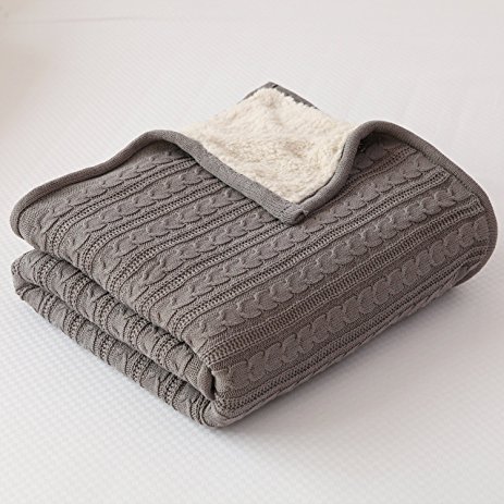 CottonTex Cotton Knitted Blanket Lined with Sherpa Lining Super Soft Warm Cover for Bed Sofa Counch, 47x70 Inches, Grey