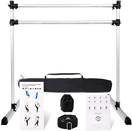 Lovinouse 4 Foot Professional Portable Double Ballet Barre, with Leg Stretching Band, Carry Bag, Adjustable, Freestanding and Lightweight Aluminum Ballet Dance Bar for Gym and Home