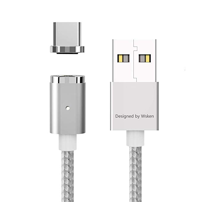 Magnetic USB C Cable,Wsken Mini2 Fast Charging Cable Data Sync Transfer Nylon Braided LED Charger Compatible with Samsung Galaxy S8/Note 8,Nexus 5X/6P,Huawei P9,Huawei Mate9/Mate10(3.3ft/1m Silver)