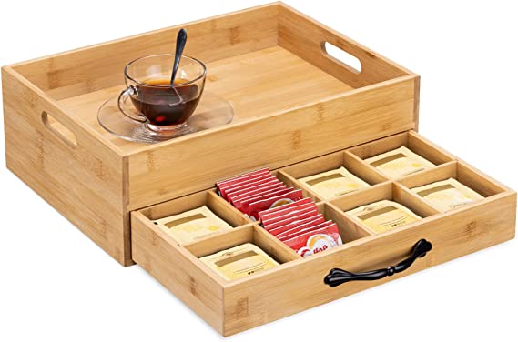 Navaris Bamboo Tea Box and Tray - Serving Tray with Storage for Tea Bags with Bag Organizer Drawer - 12 Compartment Tea Storage with Carry Tray