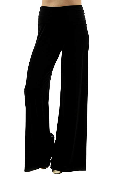 Uptown Apparel Womens Fold Over Waist Wide Leg Palazzo Pants, Good for Tall Curvy Women-Ships from U.S.A.