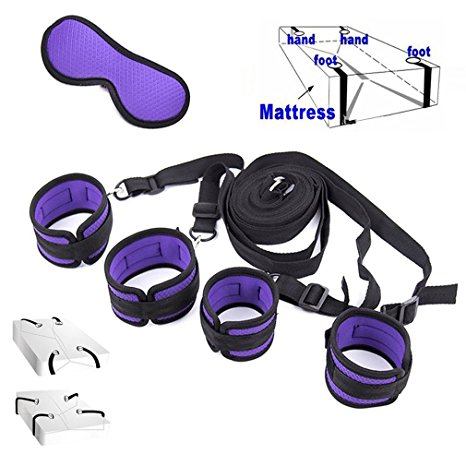 Beimly Under Bed Bondage Restraints System with Soft Eye Mask Adjustable Wrist HandCuffs and Ankle Cuffs for Couples Sex Bondage Romance Fits Almost Any Size Mattress (A37)