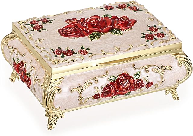 Hipiwe Metal Decorative Jewelry Box Vintage Treasure Chest Case Ornate Trinket Organizer Earrings Necklace Bracelet Storage Box Ring Holder Keepsake Box for Women Girls