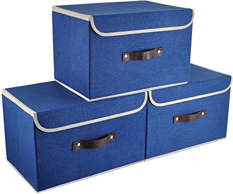 E-MANIS Storage Bins 3 Pack Foldable Storage Boxes with Lids Storage Baskets Storage Containers Organizers with for Toys,Clothes and Books etc 38 x 25 x 25 cm (Navy Blue)