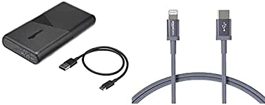 Amazon Basics USB-C Mobile Power Bank and Nylon Lightning Cable Combo, 20100mAh Battery, MFi Certified Charger for Apple iPhones, iPads - 3 ft Gray