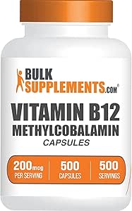 BulkSupplements.com Vitamin B12 Methylcobalamin Capsules - B12 Vitamin Supplement, B12 200mcg, for Energy Support - Gluten Free, 1 Capsule per Serving, 500 Capsules (Pack of 1)