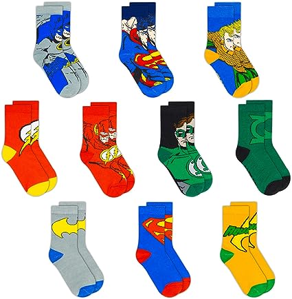 DC Comics Socks for Boys, 10-Pack Boys Socks, Toddler Socks with The Batman, Superman, Wonder Woman, & Flash