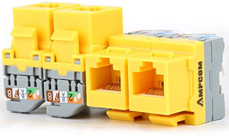 AMPCOM 10-Pack CAT5e RJ45 Tool-Less Keystone Jack, No Punch Down Tool Required UTP Module Connector Yellow