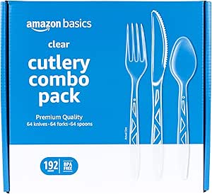 Amazon Basics Disposable Clear Assorted Cutlery Set, Premium Quality, 192 Count, Large Combo Pack Forks, Spoon and Knives