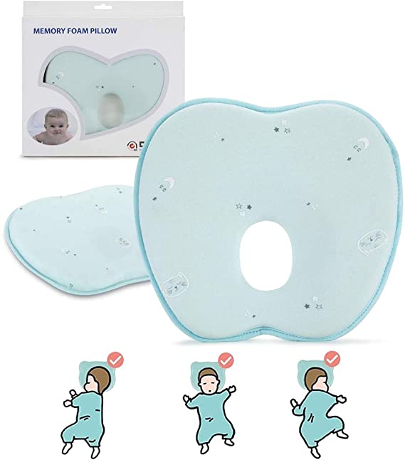 SlowTon Baby Pillow, Anti Flat Head Plagiocephaly Pillow for Newborn Baby, Soft Memory Foam Infant Pillow Head Neck Support (0-12) Months with Removable Zipper Pillow Case,Ideal (Green)