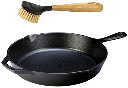 Lodge Seasoned Cast Iron Skillet w/Scrub Brush- 12” Cast Iron Frying Pan With 10” Bristle Brush