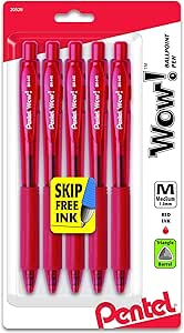 Pentel Wow! Retractable Ballpoint Pens, (1.0mm), Medium Line, Red Ink, Pack of 5 (BK440BP5B)