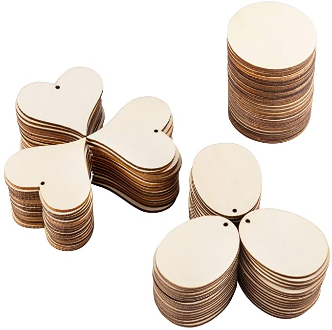 Biubee 150 Pieces Wood Cutouts Heart Slices Round Disc Circle Embellishments Ornaments for Arts & Crafts Projects, Board Game Pieces and Decoration