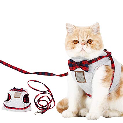 Cat Vest Soft Pet Harness - Ezeso Pet Cat Adjustable Comfortable Cats Vest Harness Cat Safety Vest Warm Harness Leash for Cat Walking Running S (Chest 40-43cm,Neck 22-26cm,Back 16cm,Gray)