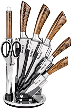 Block Sets, 8-Piece Stainless Steel Kitchen Knife Sets with Sharpener and Spinning Block - Brown Color